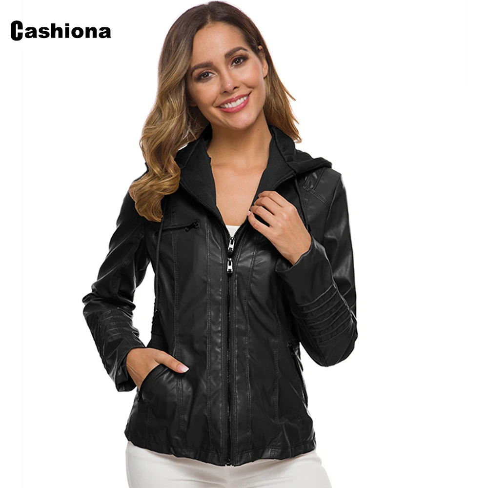 Enlarge Cashiona 2021 New Faux Pu Leather Jackets Women Hooded Outerwear Pockets Zipper Coats Biker Jacket Womens Clothing Plus Size 7XL