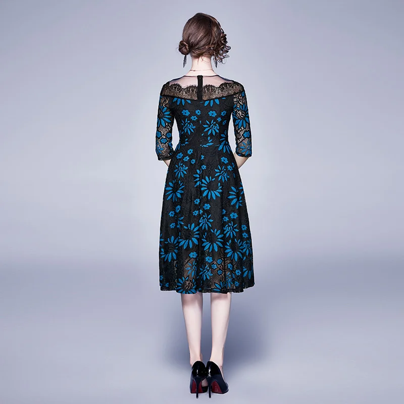 

Simgent Elegant Dress Women Flower Three Quarter Sleeve A Line Casual Work Lace Patchwork Dress Vestidos SG003303