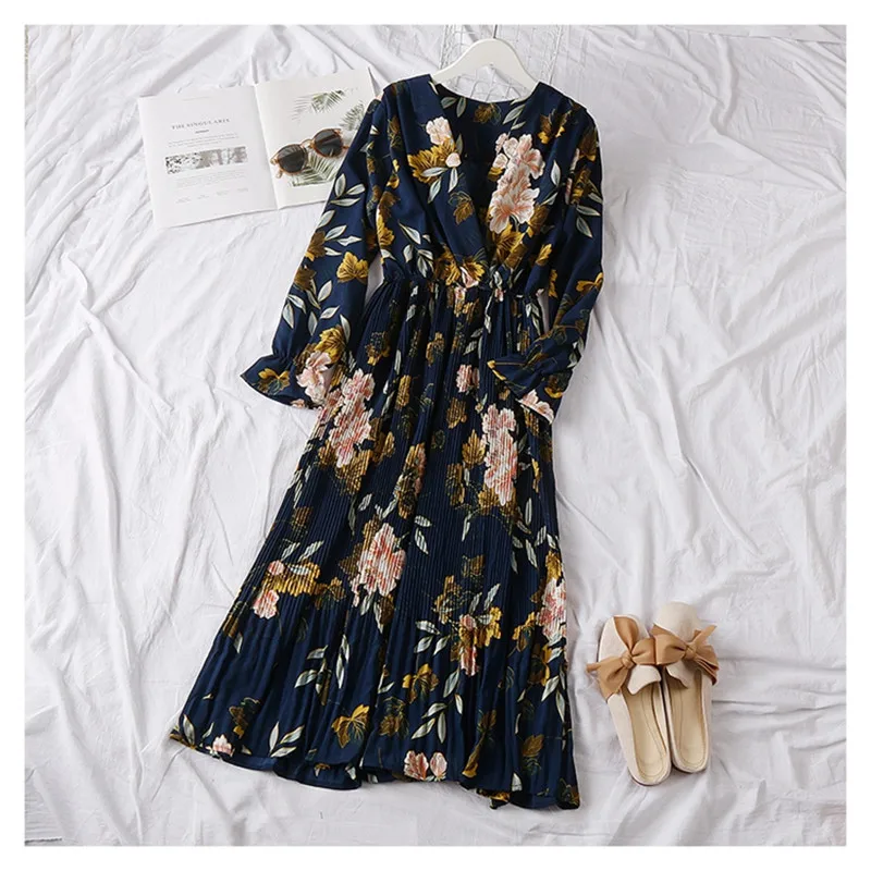 Платье женское шифоновое Плиссированное с цветочным принтом пикантный длинный