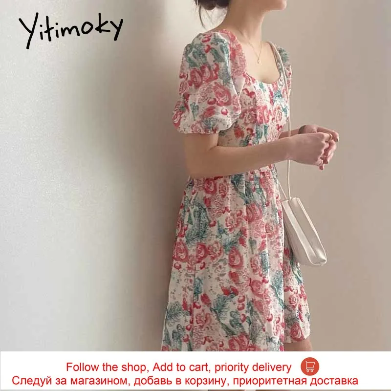 

Yitimoky Vintage Woman Dress Square Collar Puff Sleeve Summer New Floral Printing Hing Waist Fashion Elegant Out Wear Dresses