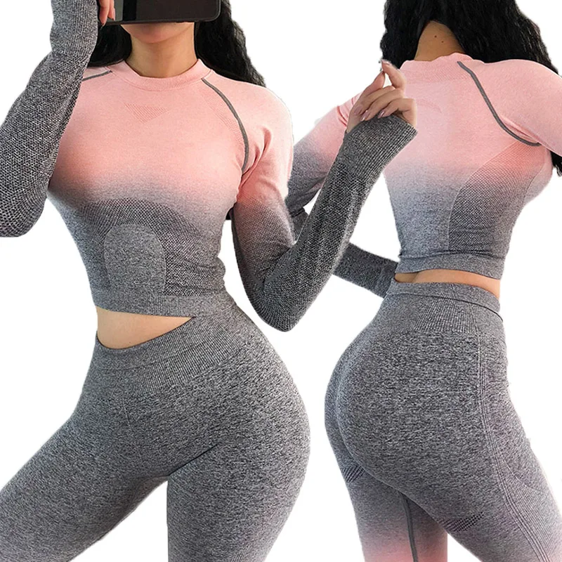 Женский комплект для йоги спортивная одежда однотонные бесшовные леггинсы с