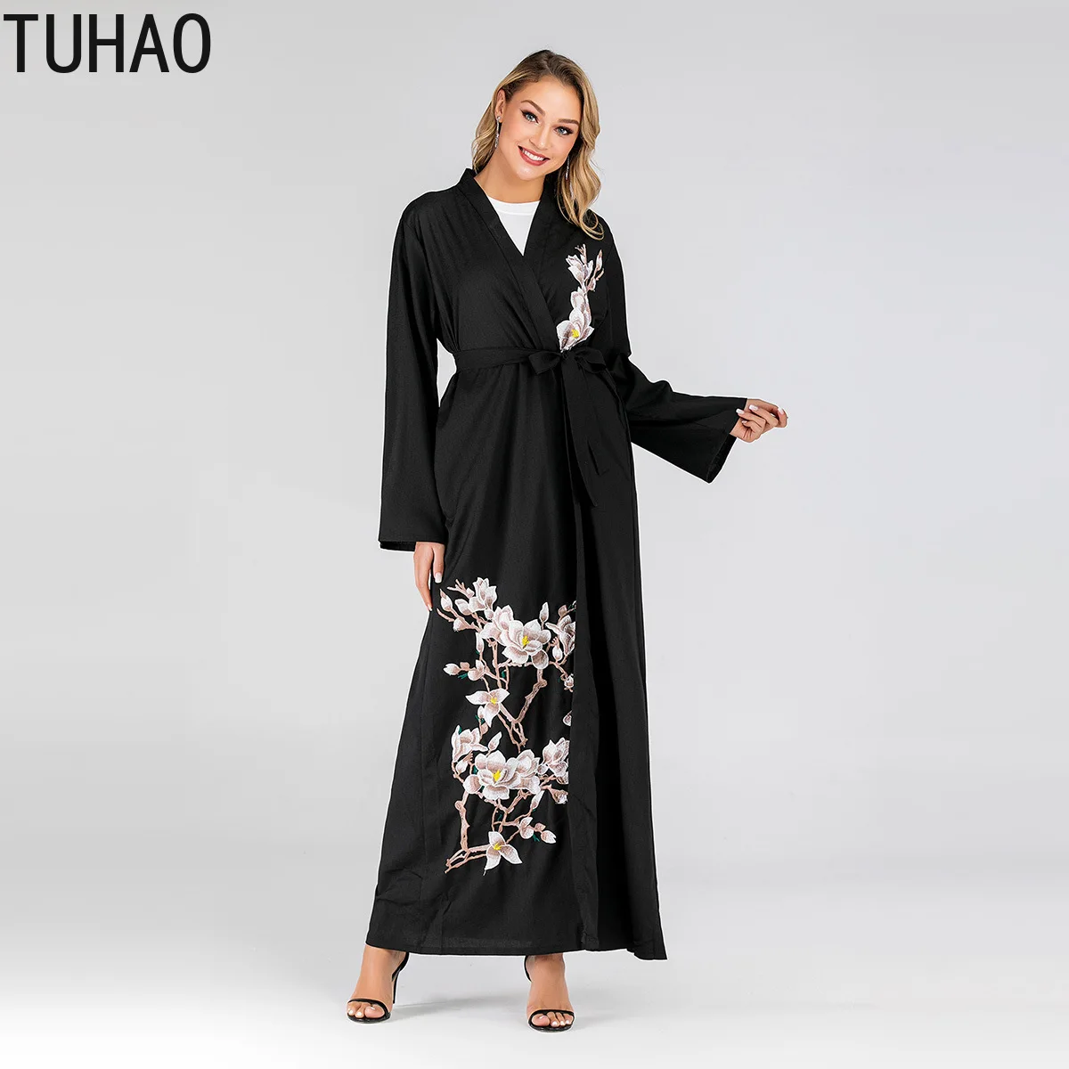 

Floral Embroidery Muslim Robe Cardigan Long Sleeve High Waist Abaya Long Trench Casual Maxi Windbreaker T1717