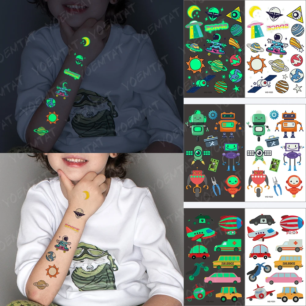 

Luminous Glitter Tattoo Stickers Dinosaur Glow in the Dark Temporary Waterproof Jurassic Boy Tatto Cute Kid Cartoon Fake Tatoo