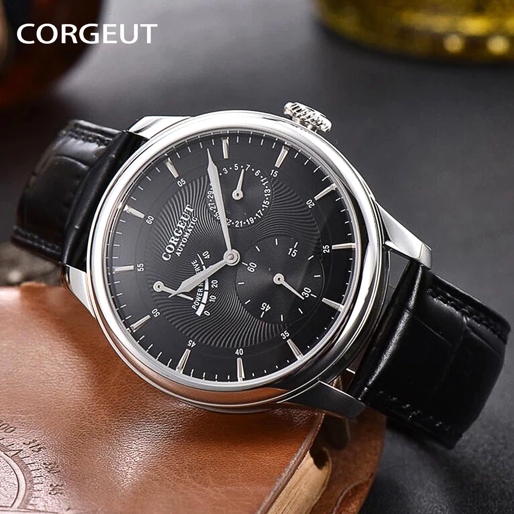 

CORGEUT Men Watches Top Brand Luxury Black Leather Waterproof Sport Mechanical Military Watch Men Clock Relogio Masculino 2058