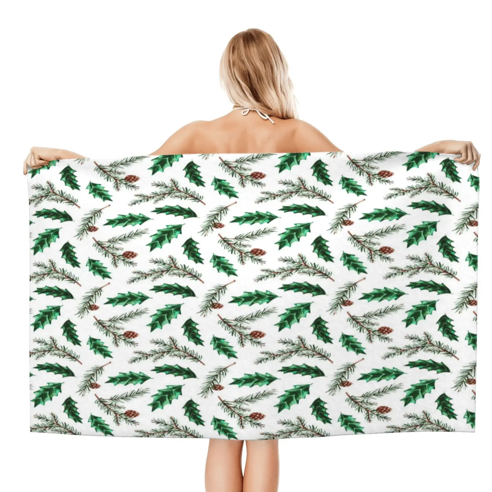 

Christmas Pine Branches Pattern Beach Towel, XL Bath Towel, Personalized Design, Sand Cloud Luxury Beach Towel Towels Bathroom