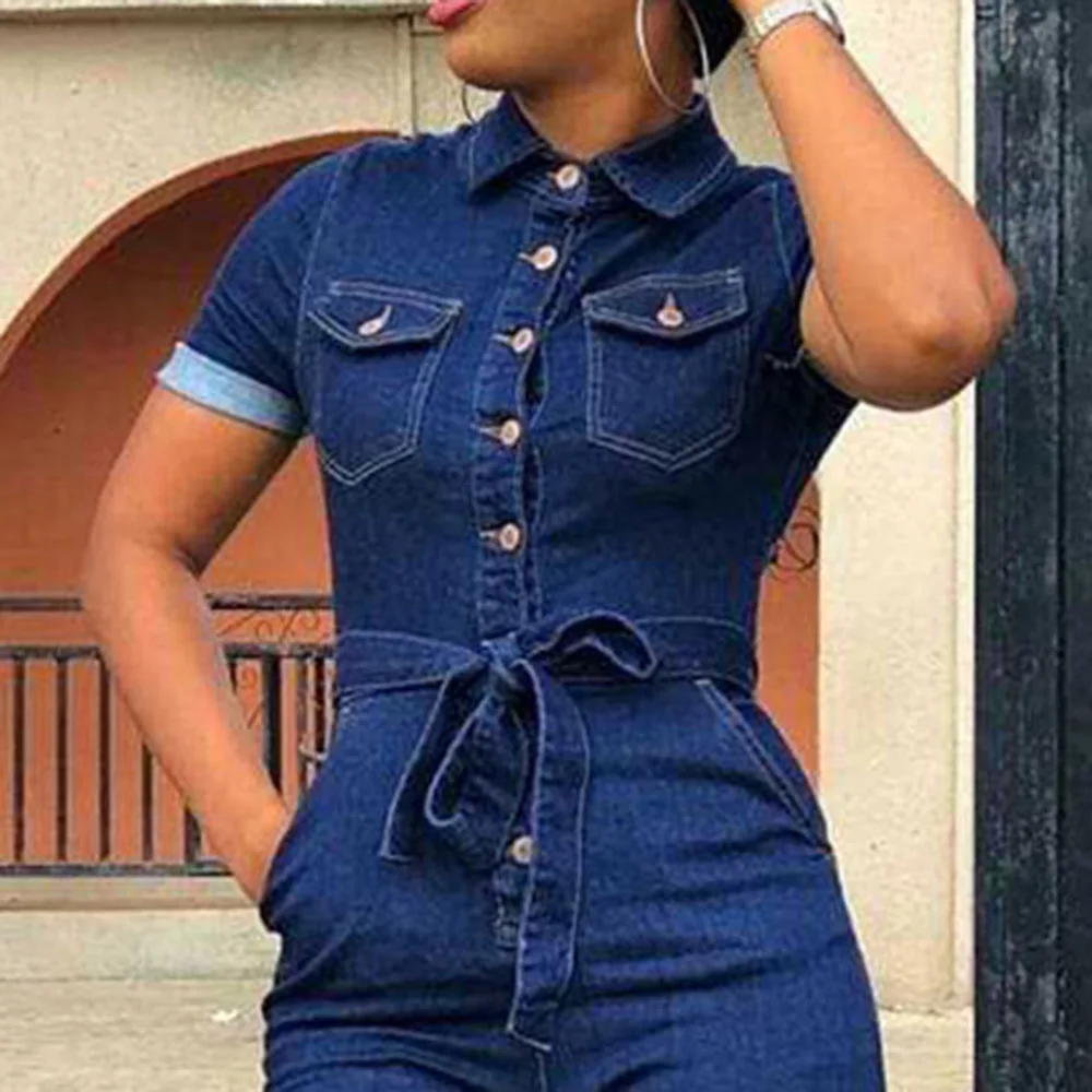 Женский джинсовый комбинезон с коротким рукавом синий Повседневный Облегающий