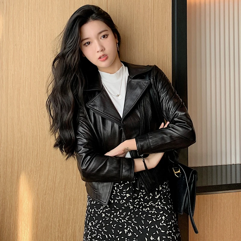 

JCHB 2021 and Autumn Spring New Leather leather clothing women's sheepskin motorcycle jacket suit collar slim small coat