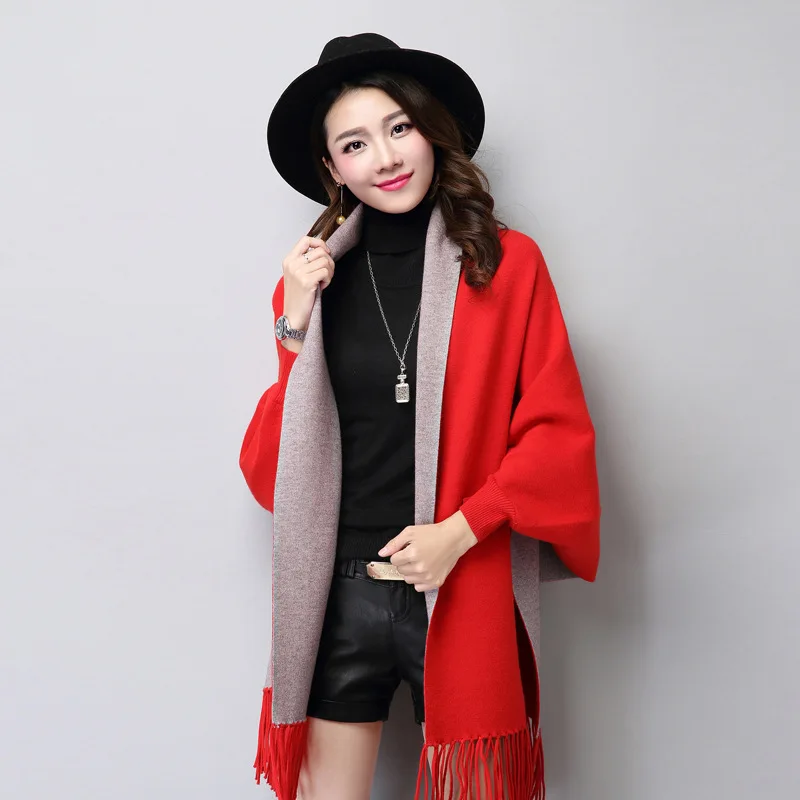 

Muffler Autumn Winter Thick Knitted Cardigan Tassel Reversible Aritifical Cashmere Coat Bat Sleeve Sweater Women's Cape Echarpes