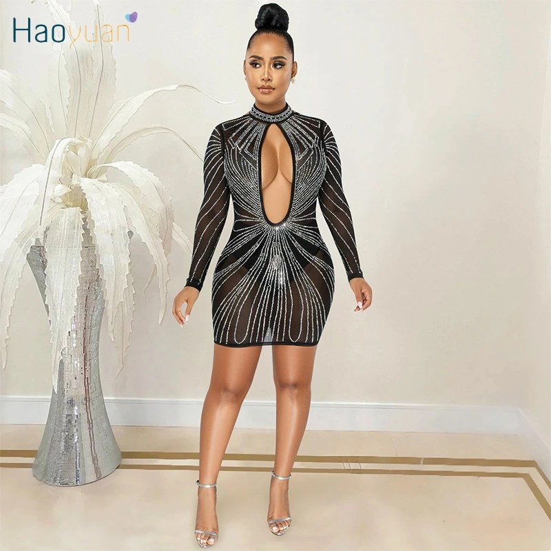 

Прозрачное облегающее платье HAOYUAN Стразы с длинным рукавом с открытой спиной Сексуальная праздничная одежда с вырезами наряды для дня рождения мини-платья