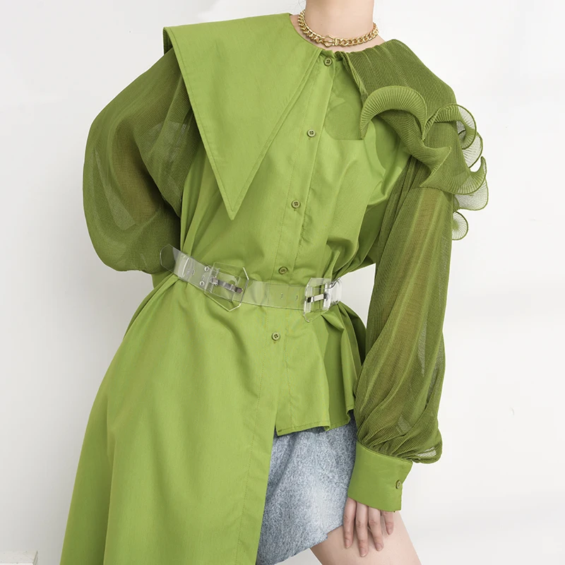 [EAM] женская зеленая плиссированная Асимметричная Длинная блузка новая свободная