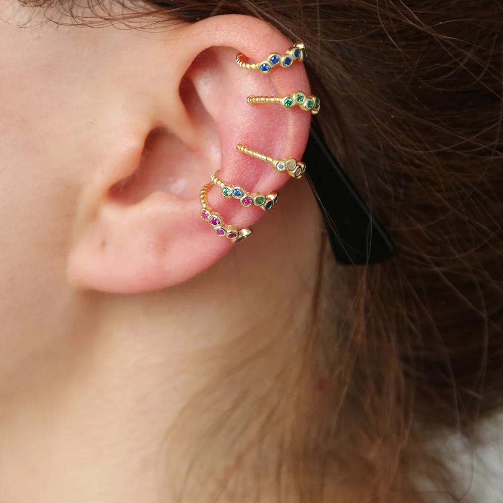 

100% 925 sterling silver Rainbow cz Paved Cuff Earring Clip on earrings minimalist jewelry silver Fine Luxury Jewelry Wholesale