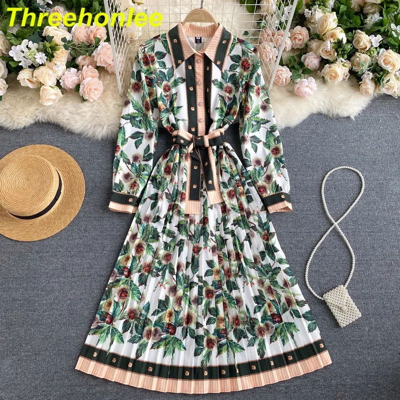 

Женское платье в стиле ретро, длинное зеленое платье-трапеция с отложным воротником, длинным рукавом и шнуровкой, модельное Плиссированное ...