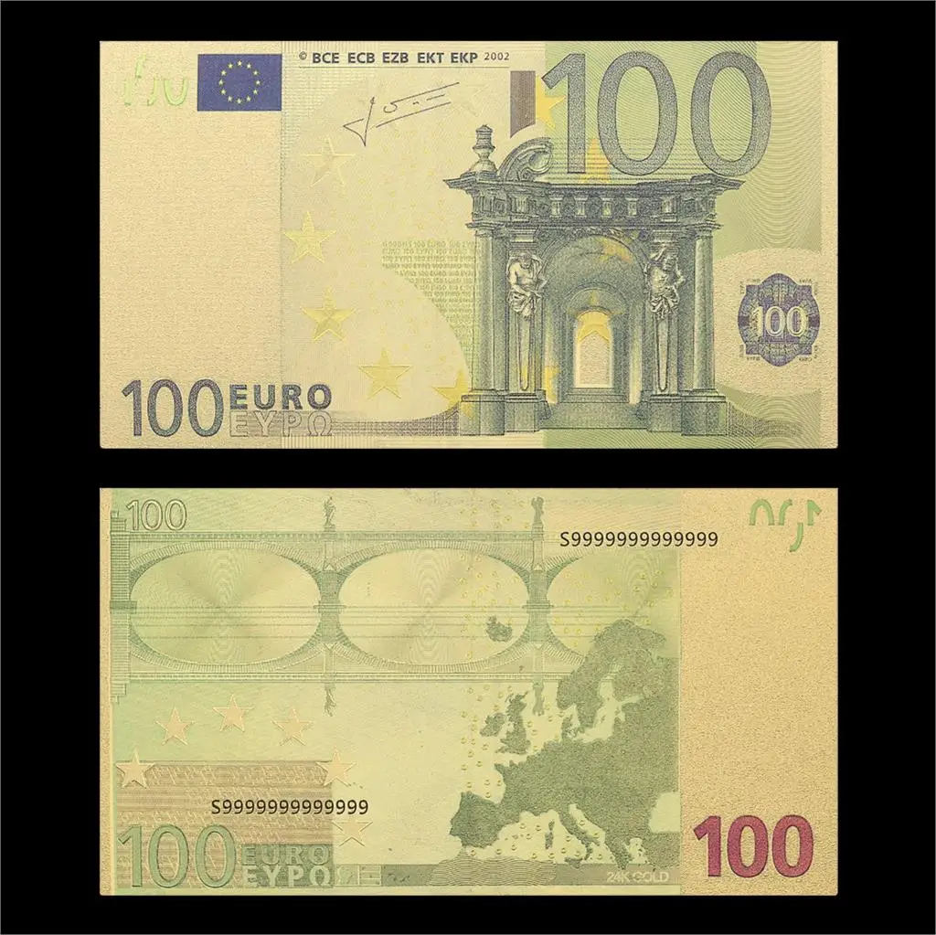 M006G-100 Цветные европейские золото banknotes 10 Банкноты евро в 24k Золотая фольга поддельные деньги для коллекции 5 20 50 100 200 500 Упаковка из 2 шт - Цвет: M006G-100