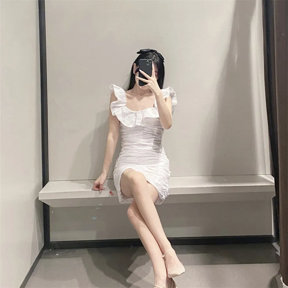

Fashion Za Women 2020 Alifus solid white cotton pleated dress ruffles sleeveless strethy stylish chic female party Vestidos