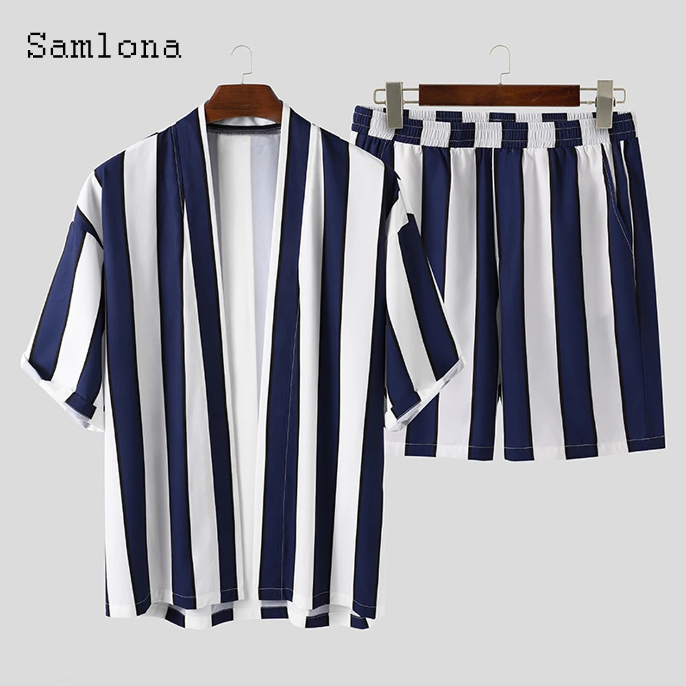 Samlona plus size 3xl mens clothing ropa hombre men Shirts sets classic stripes two piece sets vintage 2021 summer beachwear man