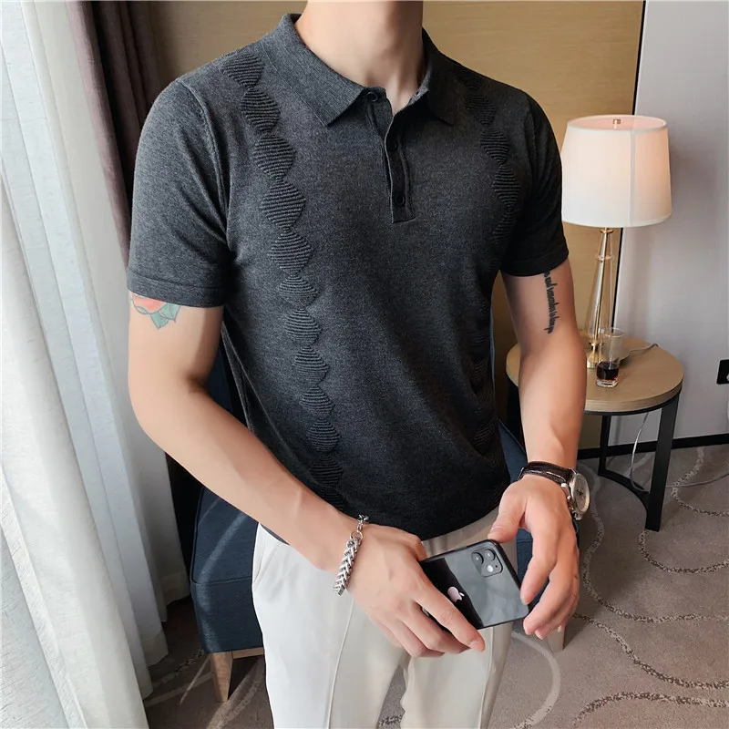

High Quality Summer Diamond Grid Knitted Polo Shirt Men Clothing 2021 Short Sleeve Turn Down Collar Slim Fit Stretched Polos