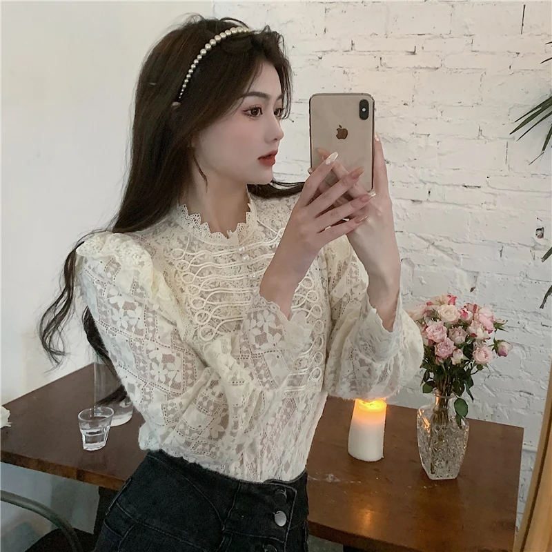

GRUIICEEN 2021 Spring New French Elegant Beading Lace Slim Long Sleeve Blouse Womens Thin Tops