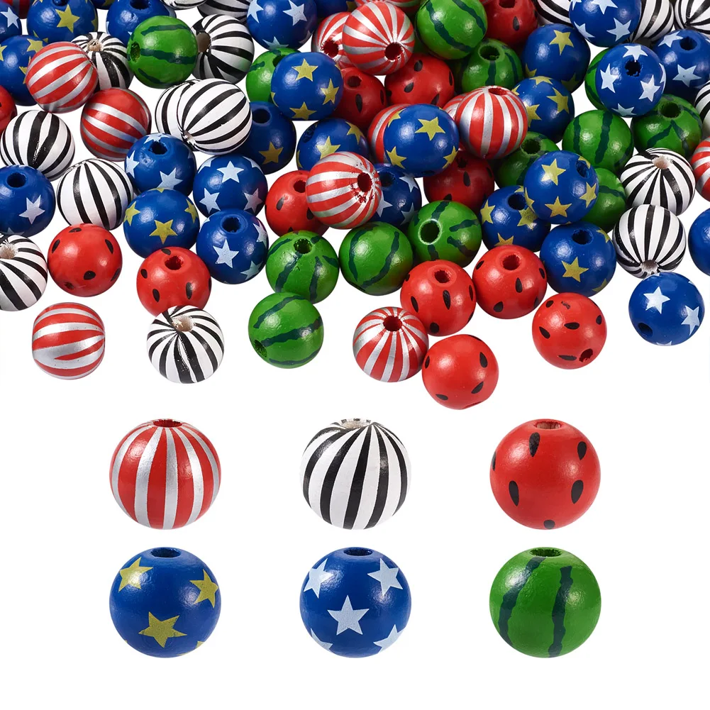 

50pcs Natural Wooden Beads Round DIY Jewelry Accessories Round with Stripe Patten Tartan Pattern 5/8 inches(16mm) Hole: 4mm