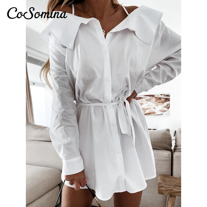 

CoSomina Spaghetti Strap Women Shirt Dress Elegant Bow Tie 2021 Autumn Button Solid Female Short Dress Casual Ladies Party Dress