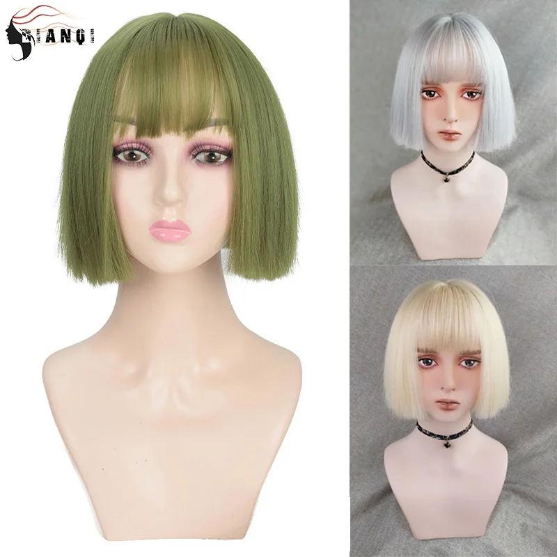 DIANQI Synthetic Pale Green Hair Short Straight Bob Wigs With Bangs Female Lolita Cosplay Wigs For Women Party Wig