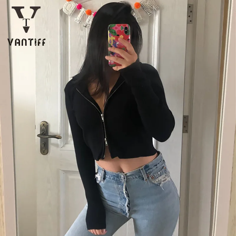 

Bodycon Топы готика, Харадзюку, на застежке-молнии, с длинным рукавом, тонкий, модный топ для девочки, новинка, сезон осень,/Зимний женский свитер...