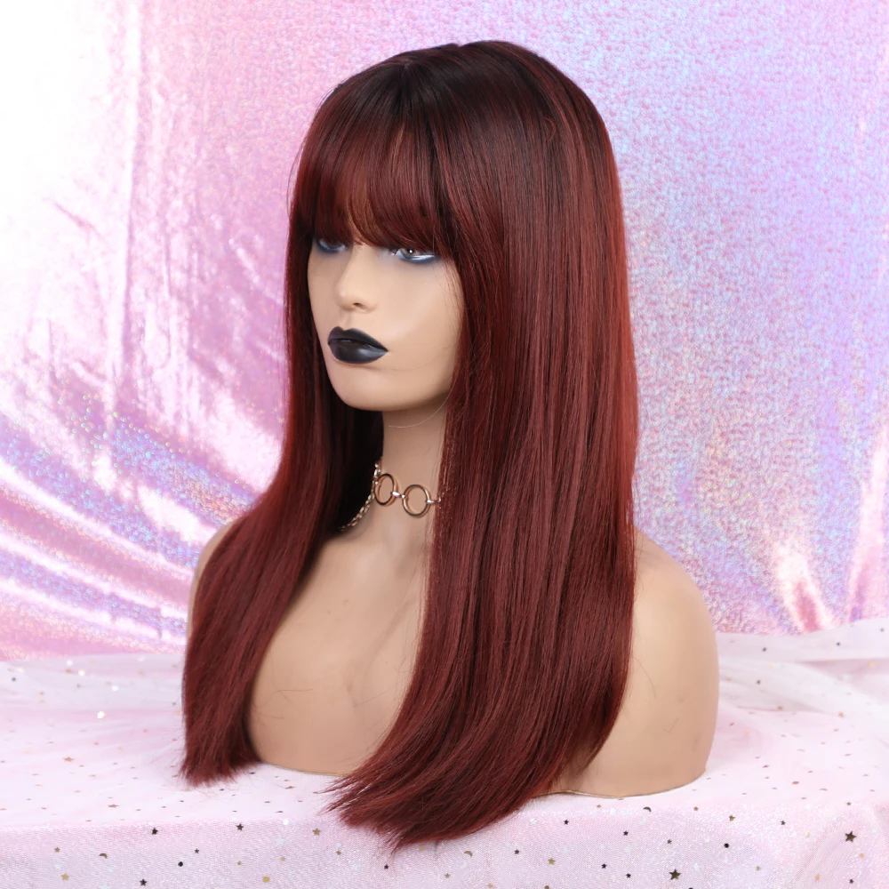 

ALAN EATON Wigs With Bangs For Woman Long Straight Ombre Wine Highlight Wigs Heat Resistant Synthetic Hair Wigs Hair Synthetic