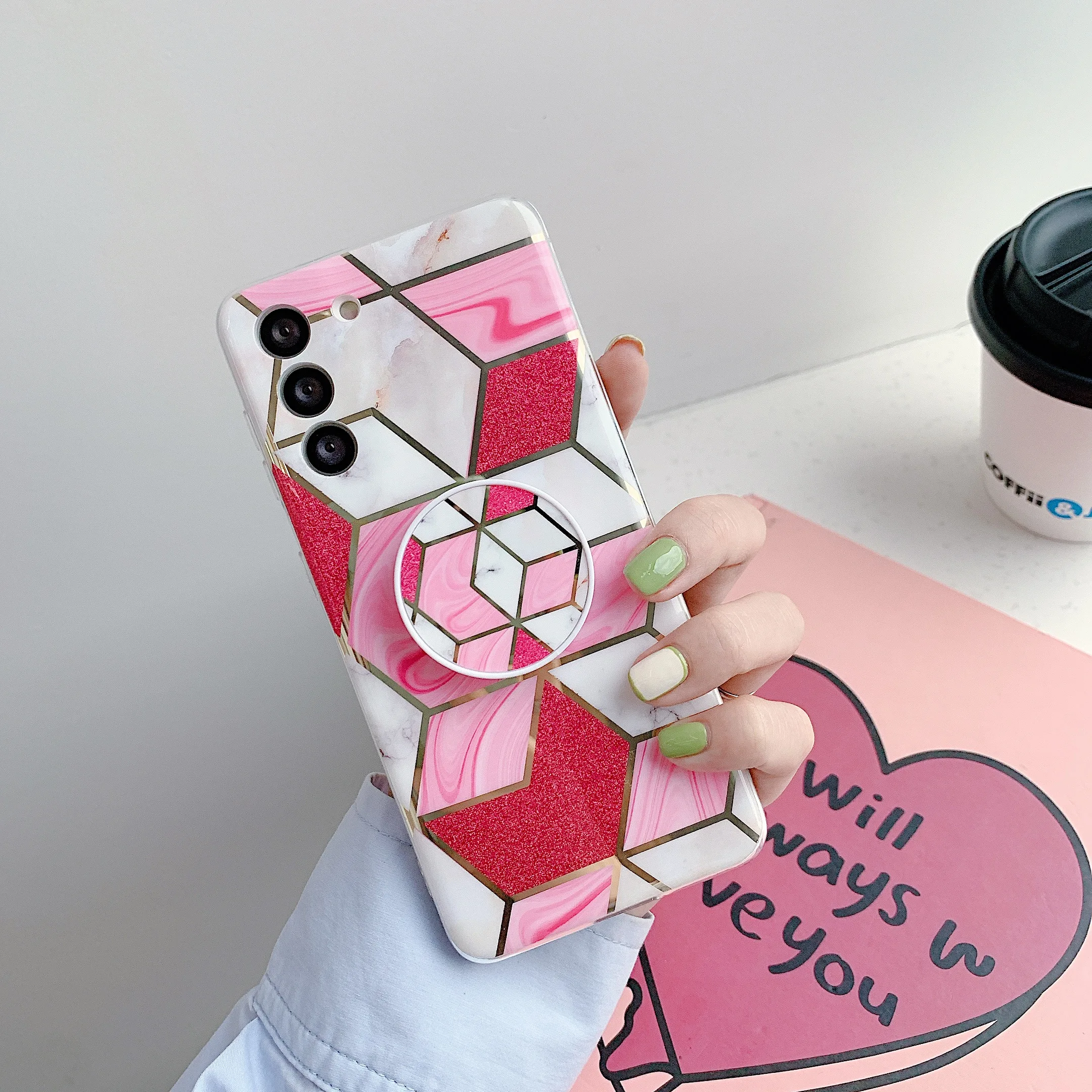 

Luxury Fashion Flash Glitter Marble Folding Stand Soft Case For Samsung Galaxy S21 Plus Ultra A72 A52 A42 A12 Plating Girl Cover