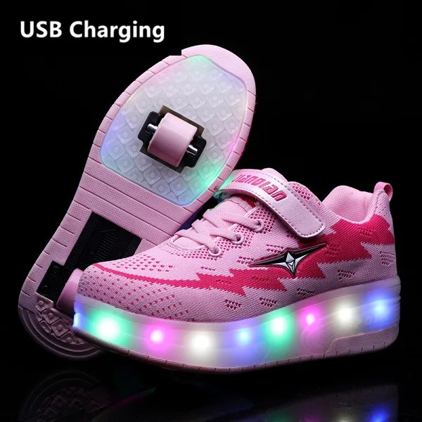 Eur28-43 два кроссовки с колесами; Зарядка через USB светящийся светодиодный светильник вверх 2020 роликовые коньки колеса обувь для маленьких мал... от AliExpress WW