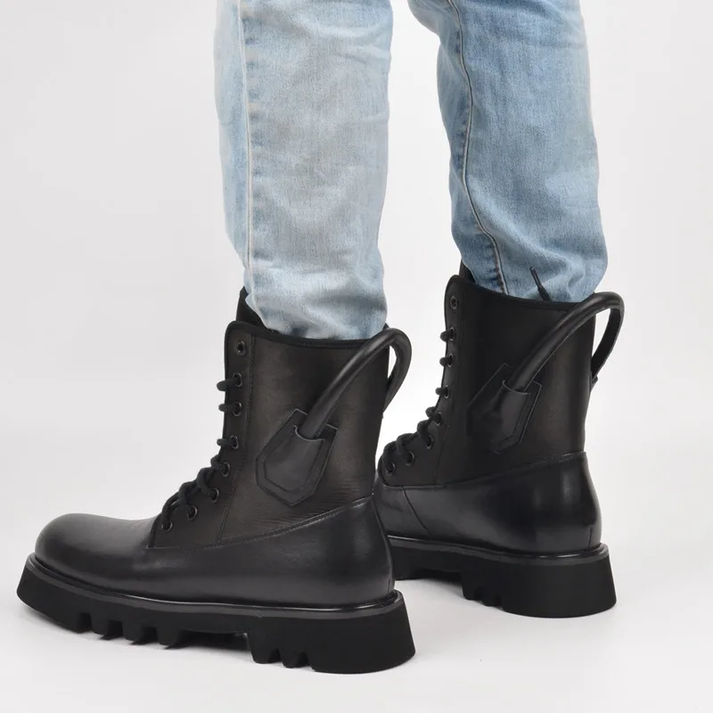 

Genuine Leather Army Boots Thick Heels Lace Up Women's Boots Round Toe Portable Shoes Platform Shoes Flat Women Ankle Boots New