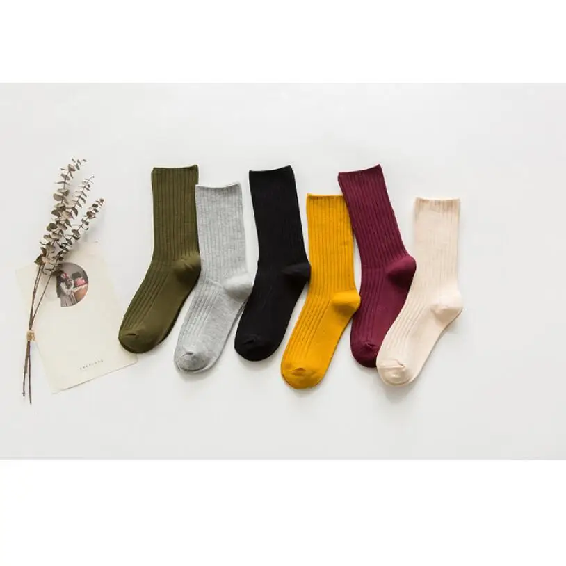 Thick Cotton Crew Socks for Women  6 Pairs/Lot Ribbed Knit Warm Winter Socks Black Mustard Wine Ivory Ankle Socks