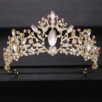 bridal crown wedding tiara baroque pink crystal rhinestone gold crown headpiece birthday party wedding hair accessories jewelry