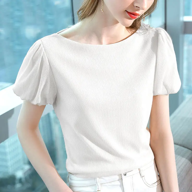

Chiffon Women White Blouse Summer New 2021 O-Neck Puff Sleeved Solid Slim Elegant Office Lady Pulls Tops Tees