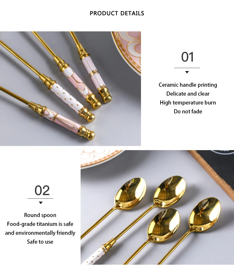 

Creative Stainless Steel Gold Plated Coffee Spoon Long Ceramic Handle Drink Milk Tea Coffee Stirring Spoon Dessert Spoon Fork
