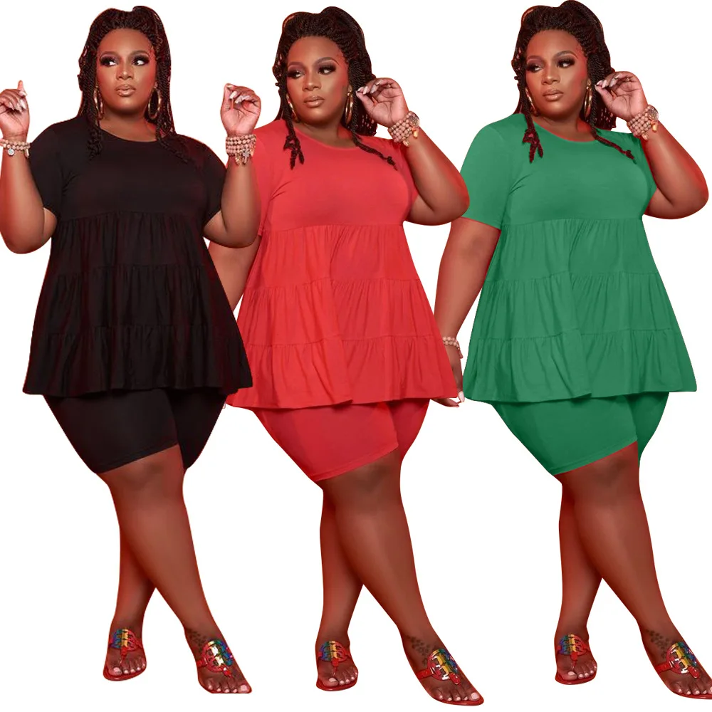 

2021 Summer New Women's Fashion Large Size Small Pleated Solid Color Casual Sports Home Suit