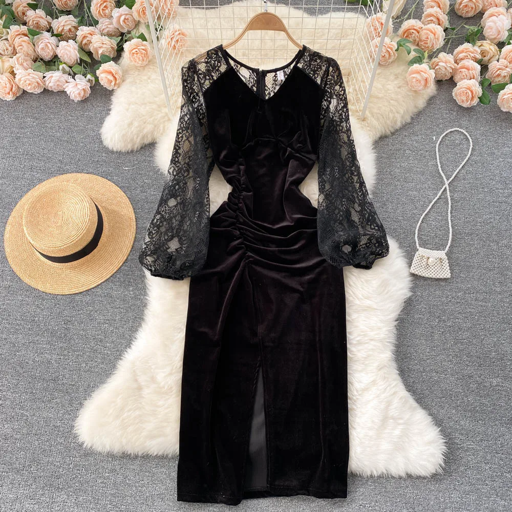 

Autumn Women Sexy Black Lace Patchwork Velvet Bodycon Dress Female Elegant V-Neck Puff Long Sleeve Split Party Robe Female New