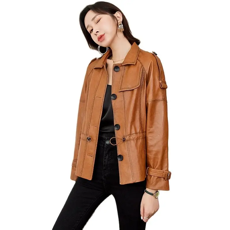 Chaqueta de piel de oveja auténtica para mujer, chaqueta locomotora de piel de oveja auténtica, de cuero marrón, con una hilera de botones