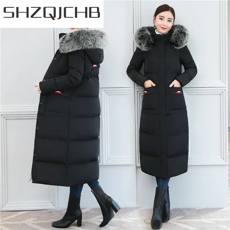 

Женский зимний пуховик SHZQ, 90% утиный пух, женская одежда, 2021 длинное тонкое теплое пальто с капюшоном из натурального Лисьего меха, зима 20211
