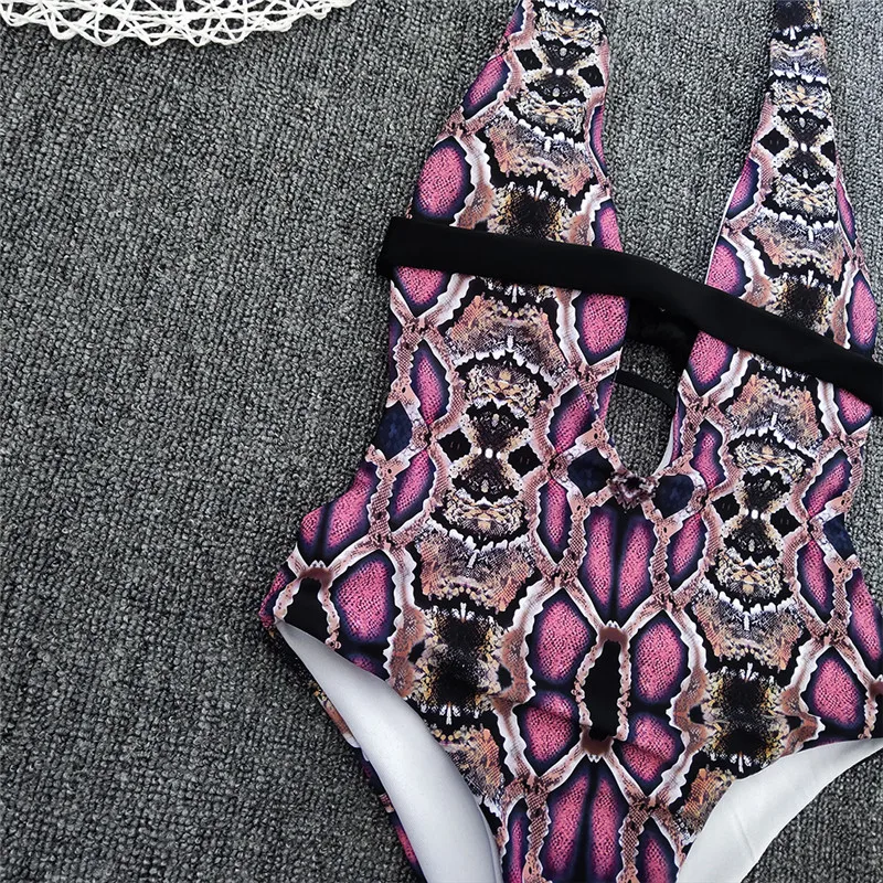 

Snake Skin Print Beachwear Summer Bathing Suit Plunge Woman Swimwear 2021 New Bodysuit One Piece Swimsuit Deep V Monokini