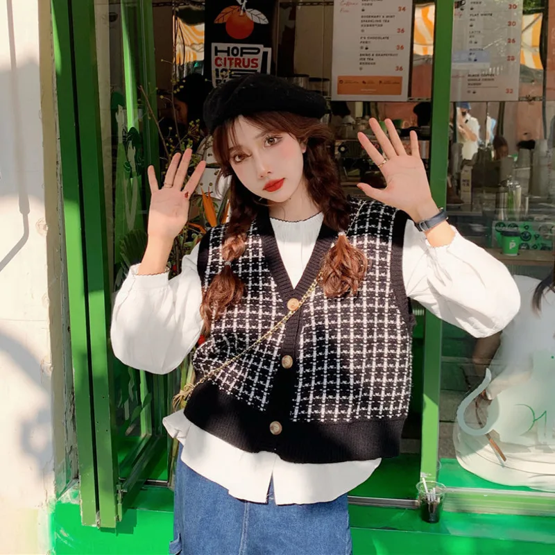 Свитер жилет Женский винтажный клетчатый мягкий Повседневный Модный женский