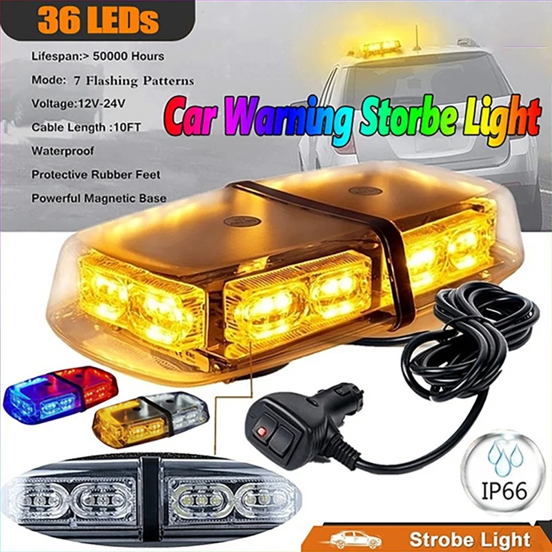 

36LED 12V Hazard Warning LED Mini Bar Strobe Light Waterproof Flashing Light with netic Base for Vehicles Snow Plow