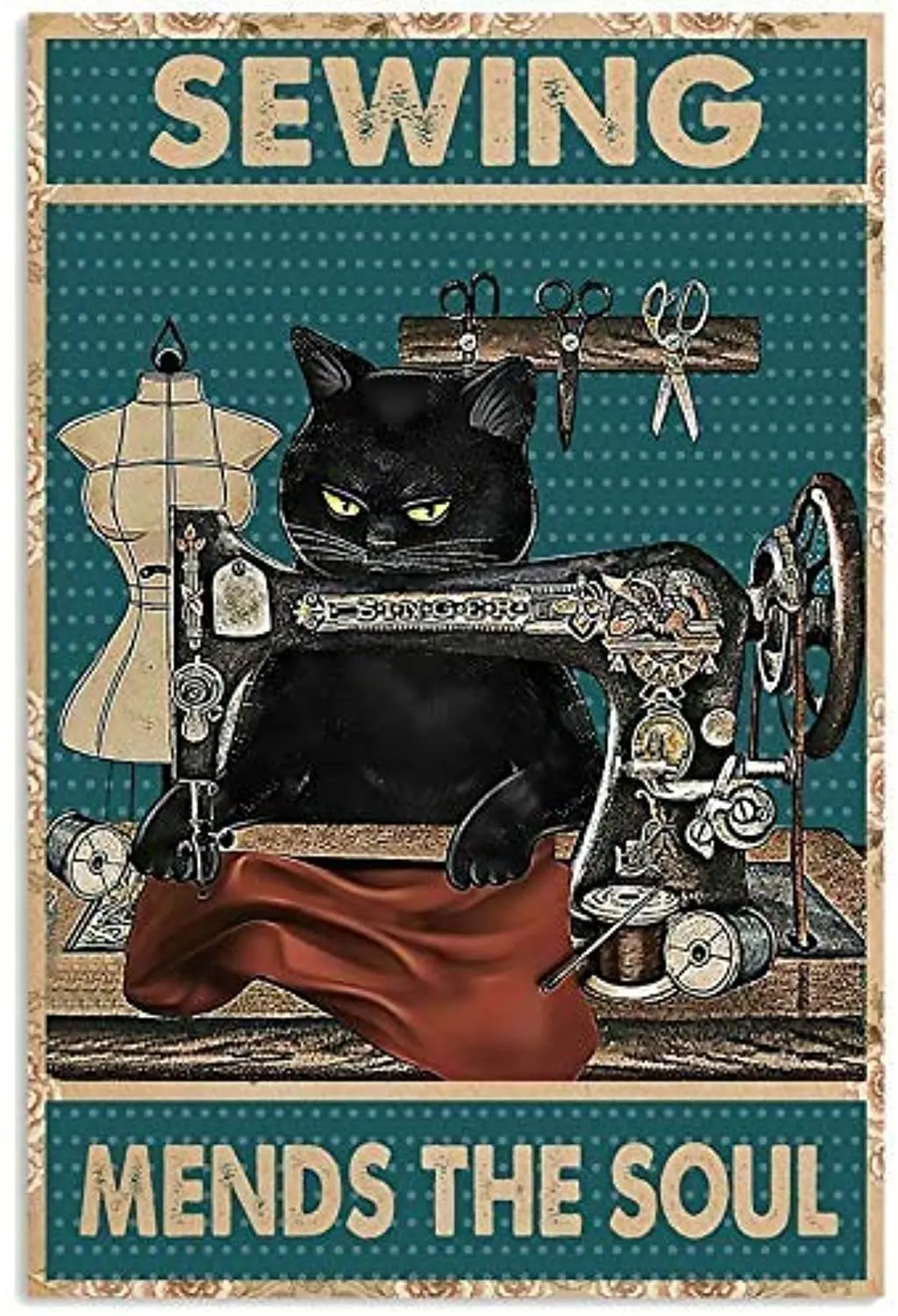 

Black Cat Sweing Mends The Soul Retro Metal Tin Sign for Home Coffee Bar Man Cave Wall Decor 12 x 16 Inches