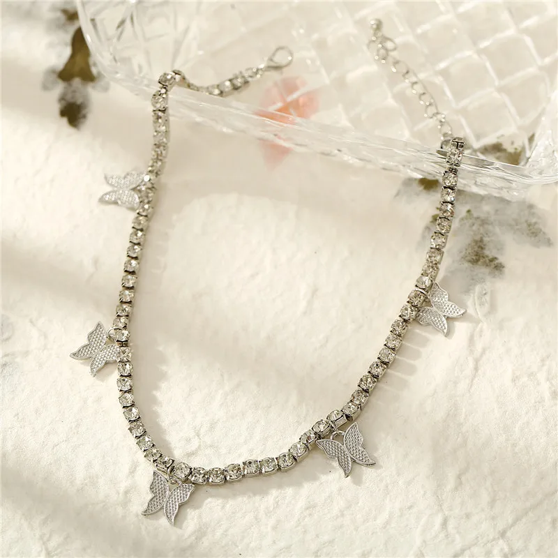 

Fashion Bling Crystal Butterfly Choker Necklace For Women Bohemian Tennis Chain Necklace Double Layer Collar Jewelry