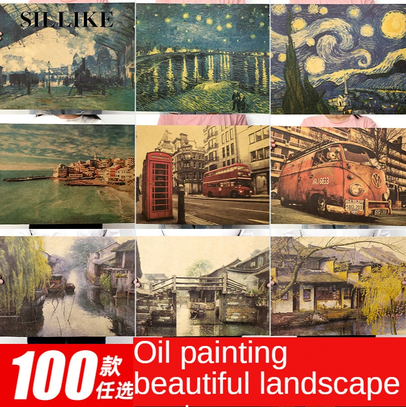 

Van Gogh Monet Oil Painting Poster Beautiful Landscape Ukiyo-Painted Kraft Paper Retro Artistic Poster Bar Wall Decoration
