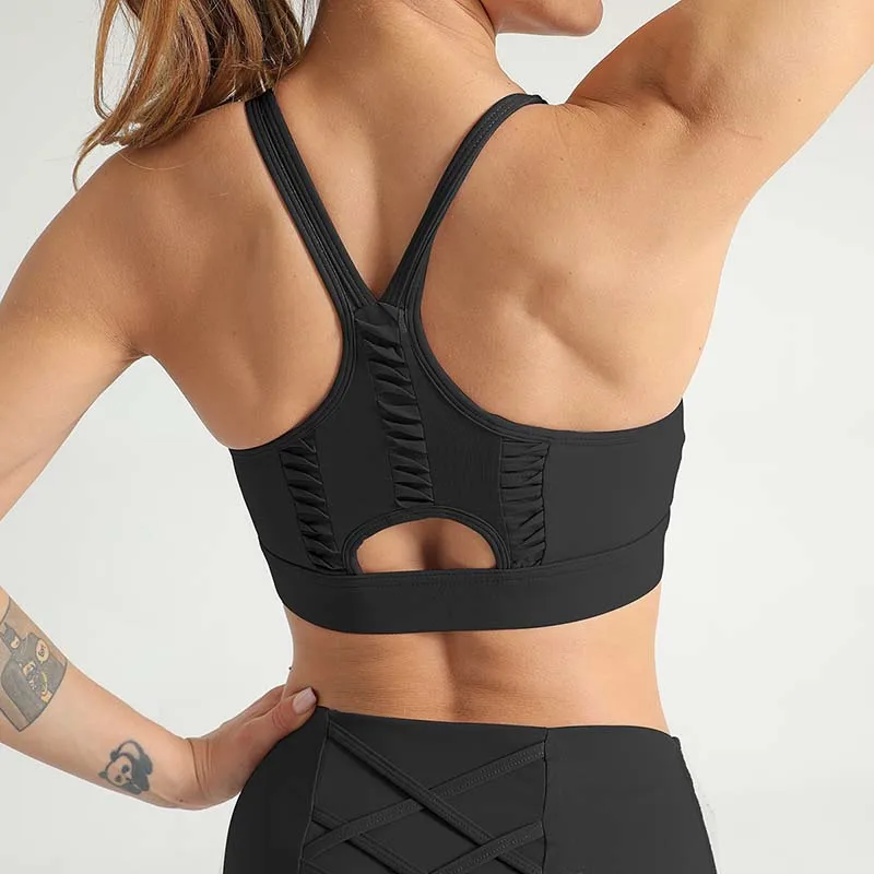 

NORMOV New Folds Bra Women Sleeveless Shockproof Gather Mesh Bras Female Hollow Elastic Workout Push Up Bra Femme Tops