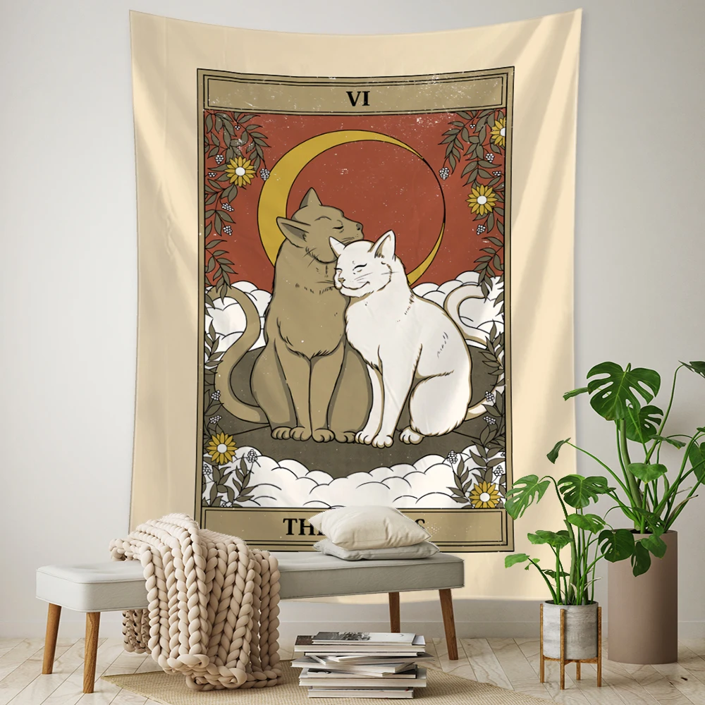 

Tarot Card Tapestry Wall Hanging Bohemian Style Cat Mysterious Divination Witchcraft Beach Moon Phases Beautiful Room Decor