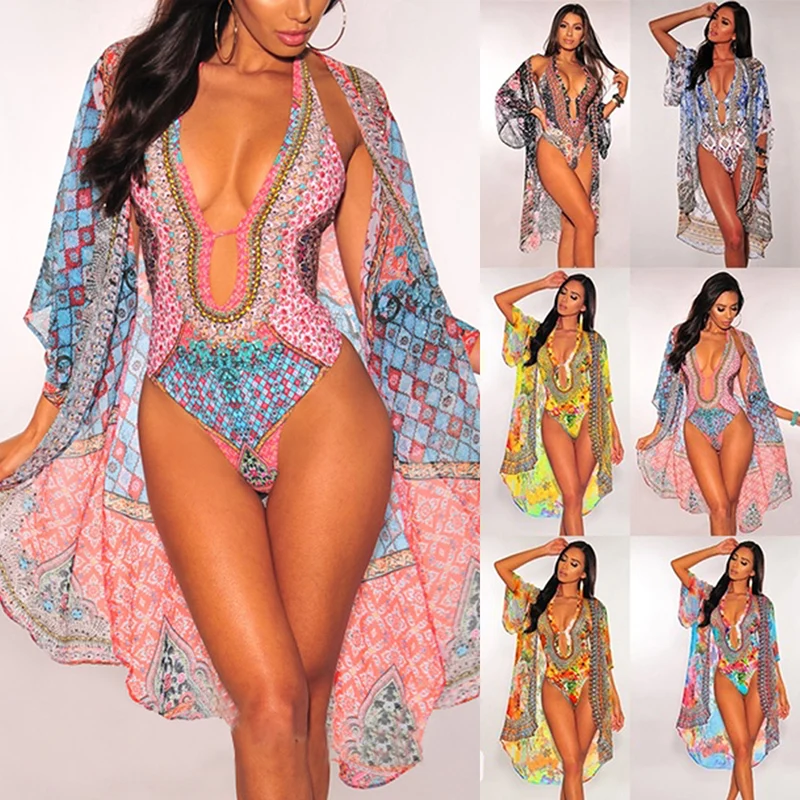 

2020 летний бикини женский купальник сексуальный принт пляжная шаль + бикини цельный Комплект из двух предметов купальник