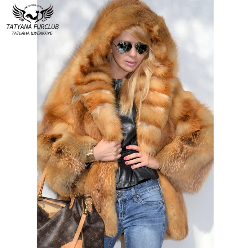 

2021 New Winter Fashion Real Red Fox Fur Coat With Hood High Qulaity Genuine Fox Fur Jackets Women Outwear Pelt Fur Coat Female