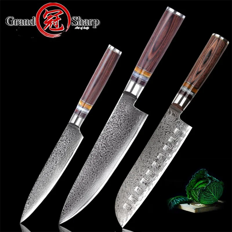

Grandsharp 3 шт. наборы кухонных ножей шеф-повар Santoku утилита Дамасские Ножи японский vg10 Дамасская сталь кухонные ножи подарочная коробка