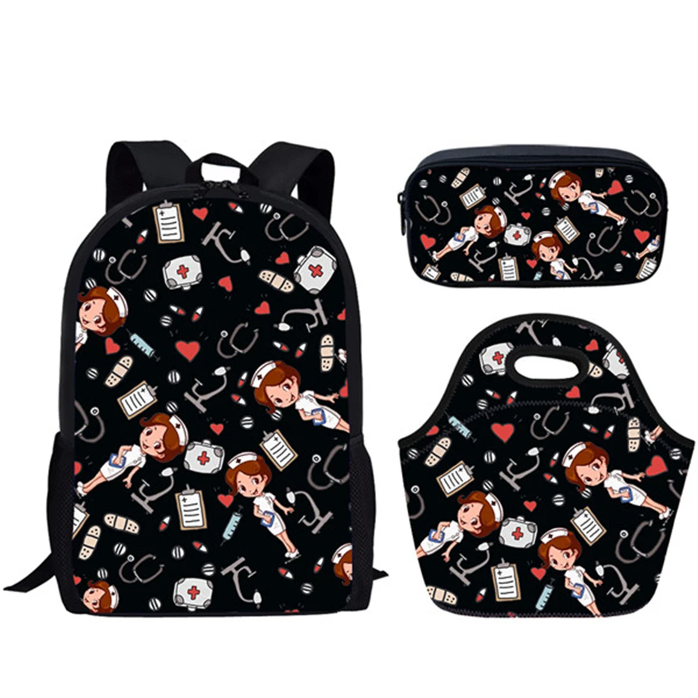 HALYUNASC Fashion 3PCs/Set Children's School Backpack Cartoon Bear Nurse Pattern School Bags Teenagers Book-Bags Set