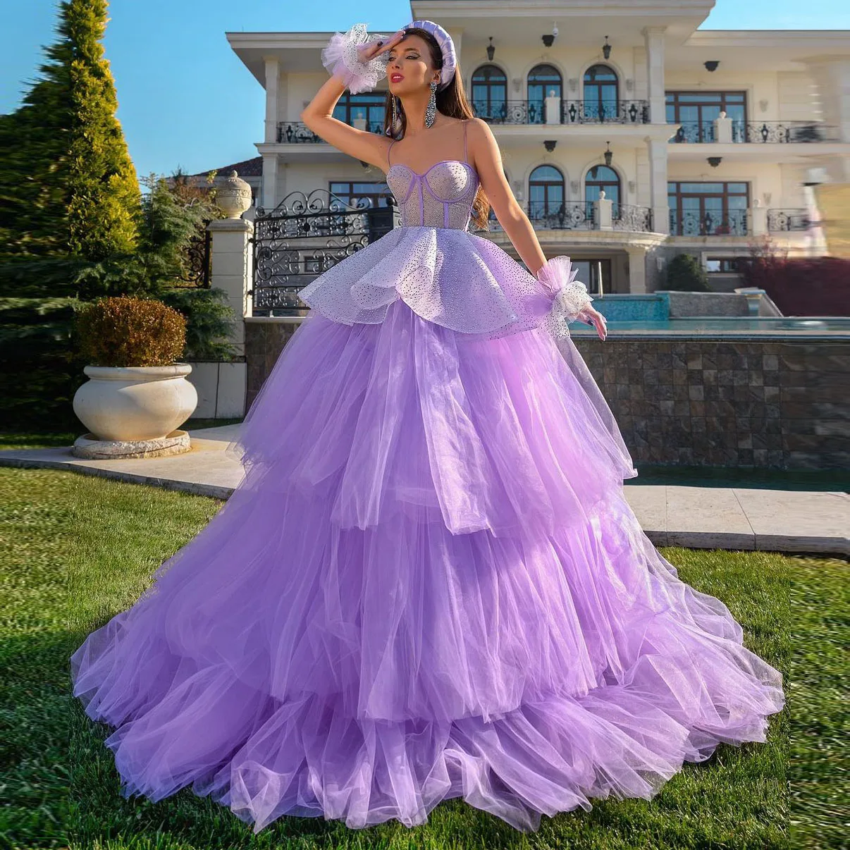 

Gorgeous Purple Ruffled Tulle Evening Dresses Spaghetti Strap Sweetheart Sparkly Sequins Beaded Layered Puffy Tulle Prom Gowns